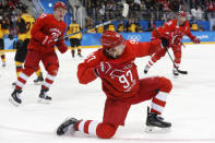 Olympic Athlete from Russia Nikita Gusev reacts after scoring a goal. REUTERS/Kim Kyung-Hoon