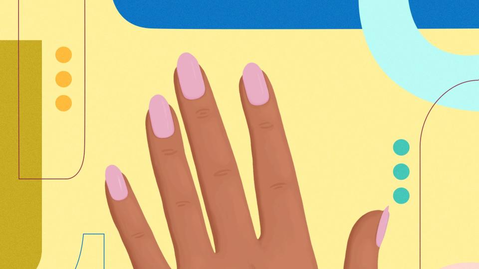 Illustration of a hand with oval pink nails against a yellow background