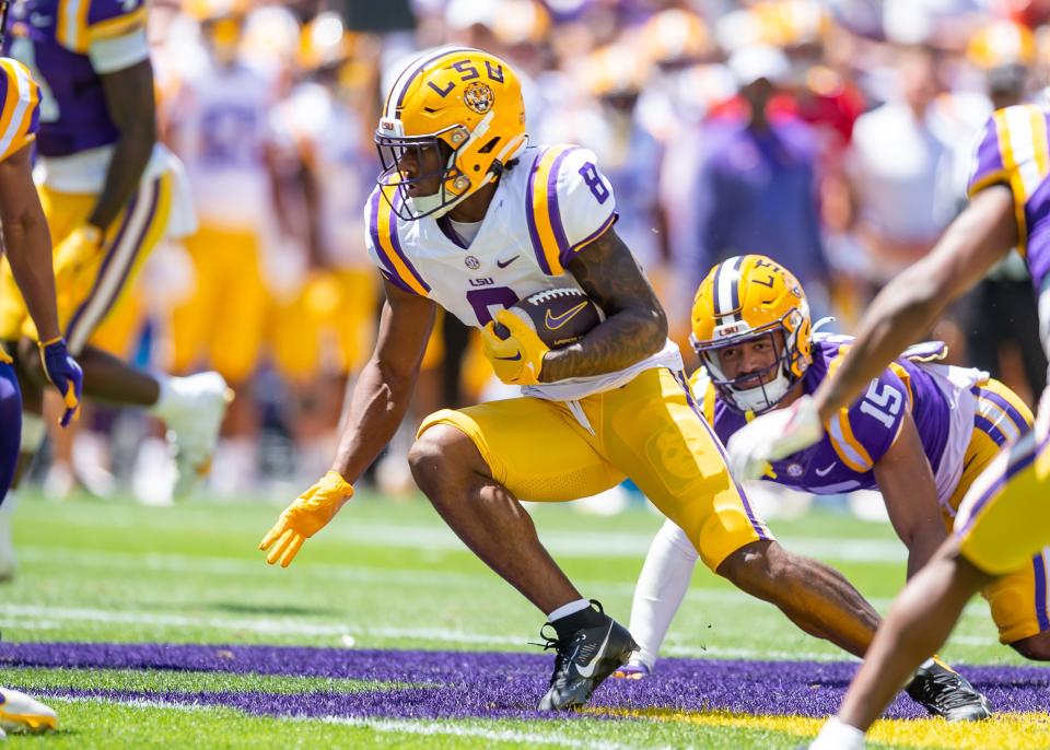Malik Nabers 8 runs the ball during the LSU Tigers Spring Game at Tiger Stadium in Baton Rouge, LA. SCOTT CLAUSE/USA TODAY NETWORK. Saturday, April 22, 2023.<br>Lsu Spring Football 9612