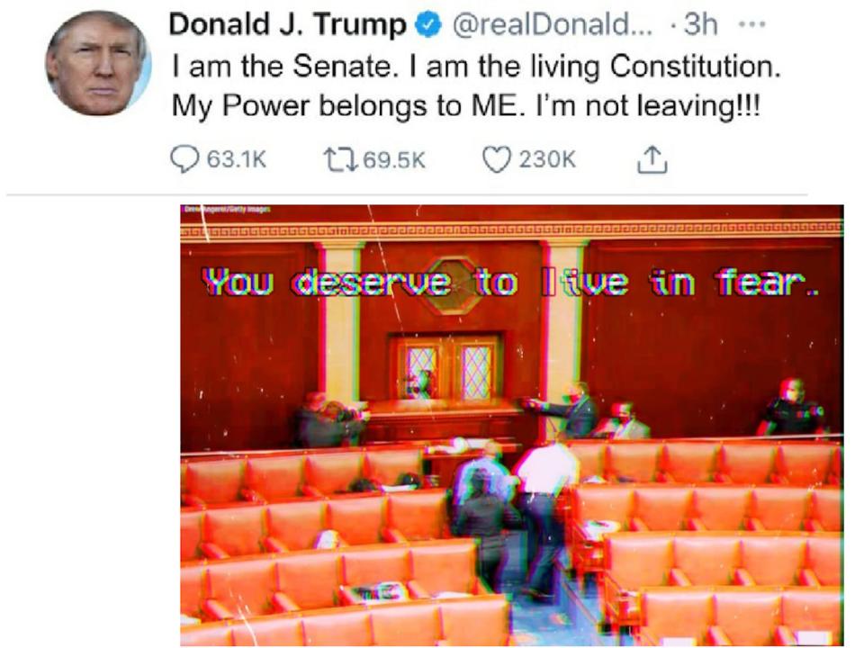 A collage included in the FBI complaint against Leonard Pearso Ridge, showing a tweet from Trump saying "I'm not leaving!!!" and an image of lawmakers fleeing rioters on January 6. The image is captioned: "You deserve to live in fear."
