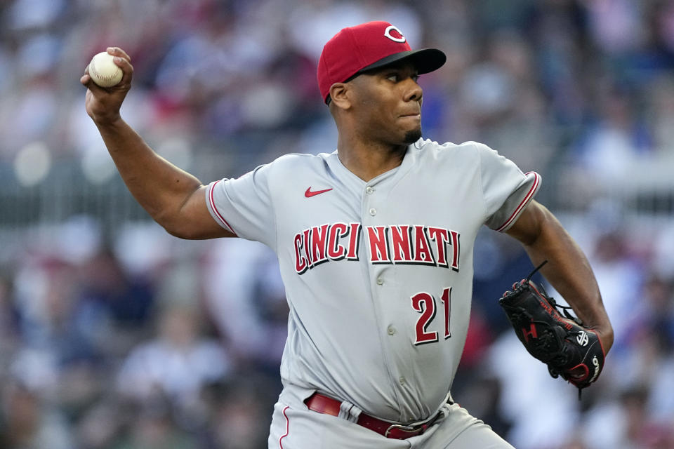 Cincinnati Reds starting pitcher Hunter Greene delivers in the first inning of the team's baseball game against the Atlanta Braves on Wednesday, April 12, 2023, in Atlanta. (AP Photo/John Bazemore)