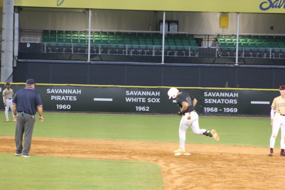 Calvary Day senior Will Hampton rounds the bases after hitting a home run at Grayson Stadium in a playoff win over Dawson County on May 4, 2024.