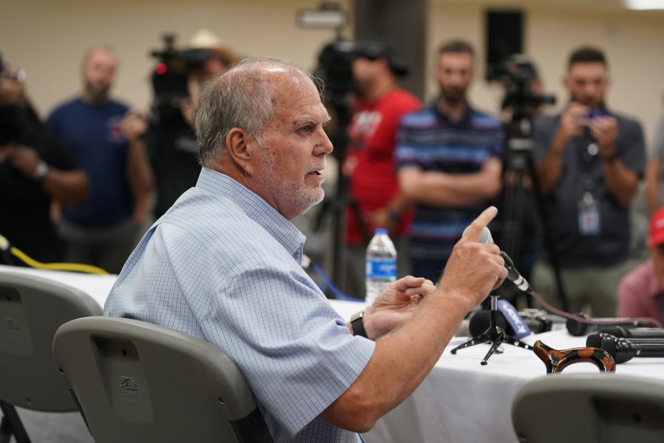 Uvalde Mayor Don McLaughlin, Jr. speaks to the media following a news conference where the Texas House investigative committee released its full report on the shootings at Robb Elementary School, Sunday, July 17, 2022, in Uvalde, Texas. (AP Photo/Eric Gay)