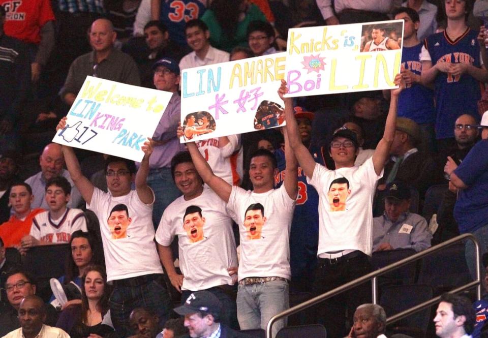 <div class="inline-image__caption"><p>Fans hold up banners in reference to Jeremy Lin #17 of the New York Knicks during the game against the Sacramento Kings on February 15, 2012, at Madison Square Garden in New York City. The Knicks defeated the Kings 100-85.</p></div> <div class="inline-image__credit">Jim McIsaac/Getty</div>