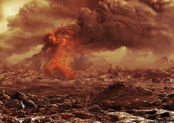 An artist's rendition of the surface of Venus with an erupting volcano.