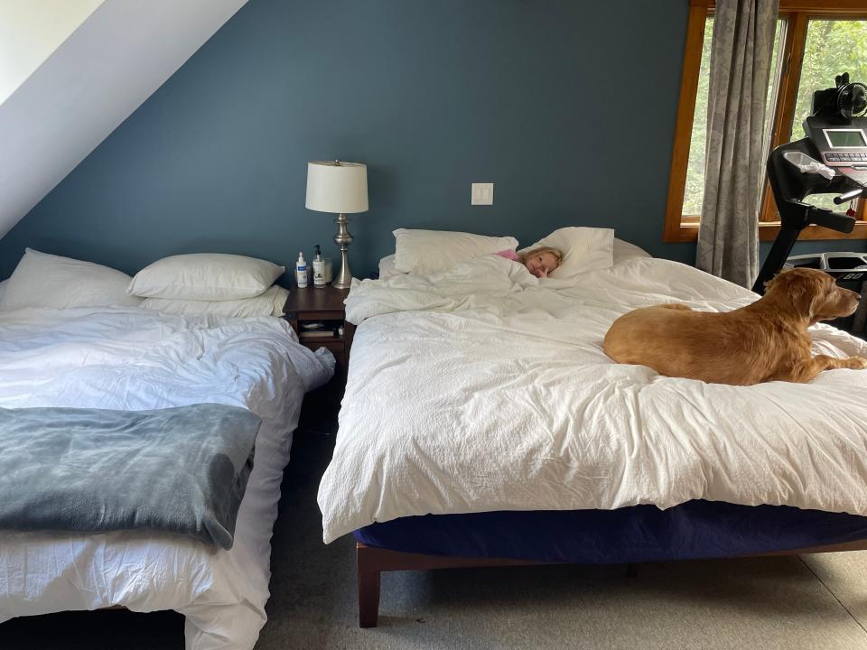 Two separate beds, one with a dog on it