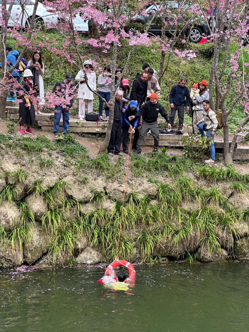 <strong>75歲婦人在南投縣杉林溪賞花拍照時不慎落水。（圖／翻攝畫面）</strong>