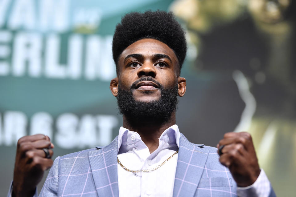 LAS VEGAS, NEVADA - MARCH 04: Aljamain Sterling poses during the UFC 259 press conference at UFC APEX on March 04, 2021 in Las Vegas, Nevada. (Photo by Chris Unger/Zuffa LLC)