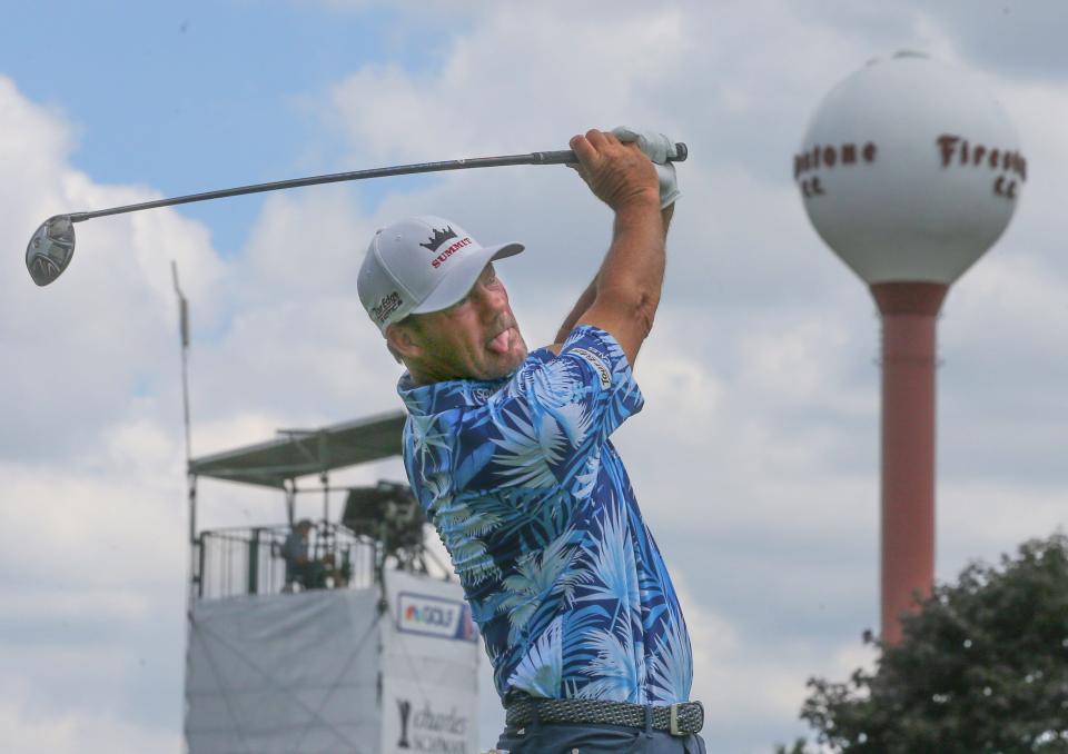 Alex Cejka follows his tee shot on number 17 during the first round of the Bridgestone Senior Players Championship on Thursday, July 7, 2022 in Akron, Ohio, at Firestone Country Club.