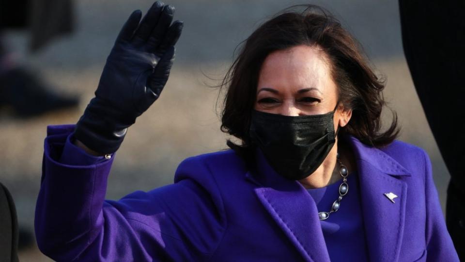 Vice President Kamala Harris walks the abbreviated parade route after being inaugurated Wednesday in Washington, D.C. with new president Joe Biden. (Photo by Patrick Smith/Getty Images)