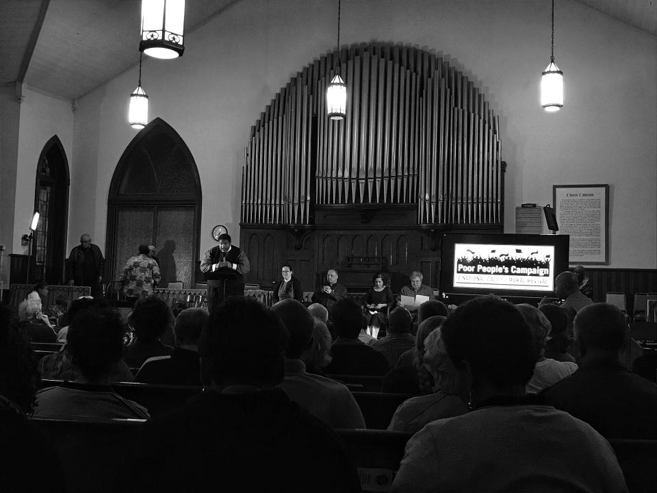 The Rev. William J. Barber leads a rally for the Poor People’s Campaign at the First Baptist Church in Selma. (Photo: Holly Bailey/Yahoo News)