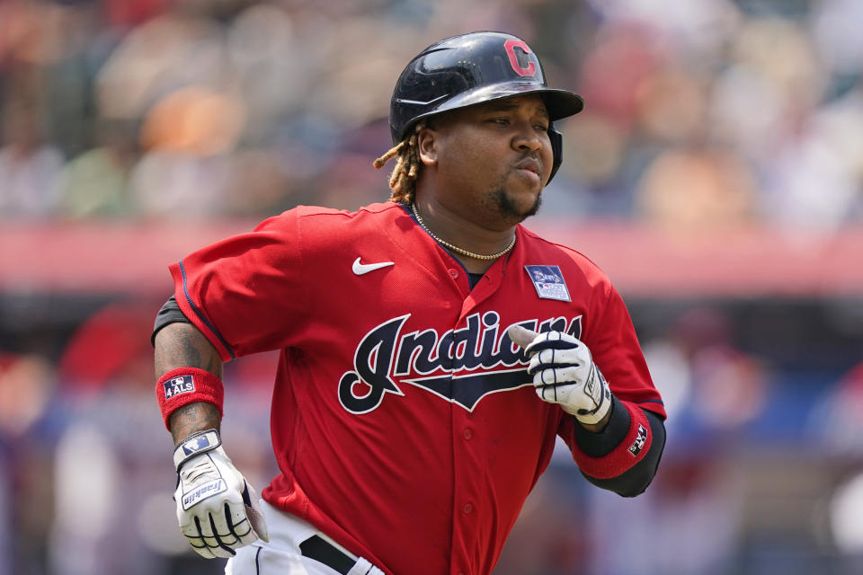 Cleveland Indians' Jose Ramirez runs the bases after hitting a solo home run in the third inning of a baseball game against the St. Louis Cardinals, Wednesday, July 28, 2021, in Cleveland. (AP Photo/Tony Dejak)