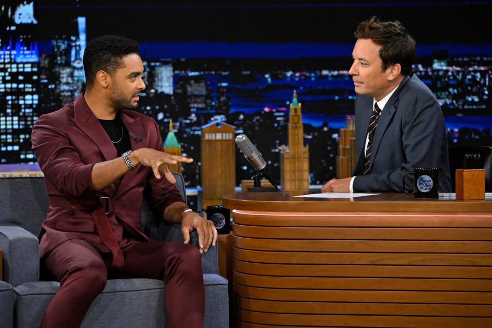 THE TONIGHT SHOW STARRING JIMMY FALLON -- Episode 1688 -- Pictured: (l-r) Actor Regé-Jean Page during an interview with host Jimmy Fallon on Tuesday, July 26, 2022