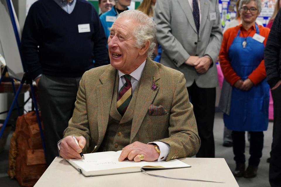 Britain's King Charles III visits Aboyne and Mid Deeside Community Shed to meet with local hardship support groups and tour the new facilities, in Aboyne, Aberdeenshire, Britain, January 12, 2023. Andrew Milligan/Pool via REUTERS