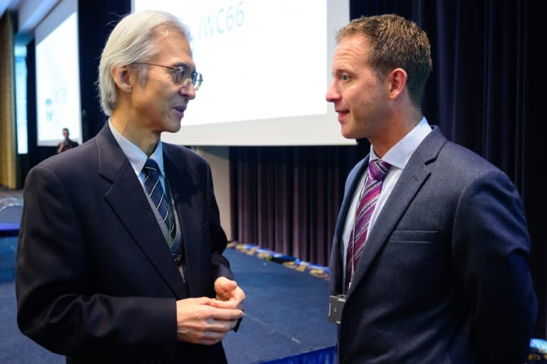 Japan's International Whaling Commissioner Joji Morishita (L) and the International Whaling Commission's Executive Secretary Simon Brockington talk on October 24, 2016