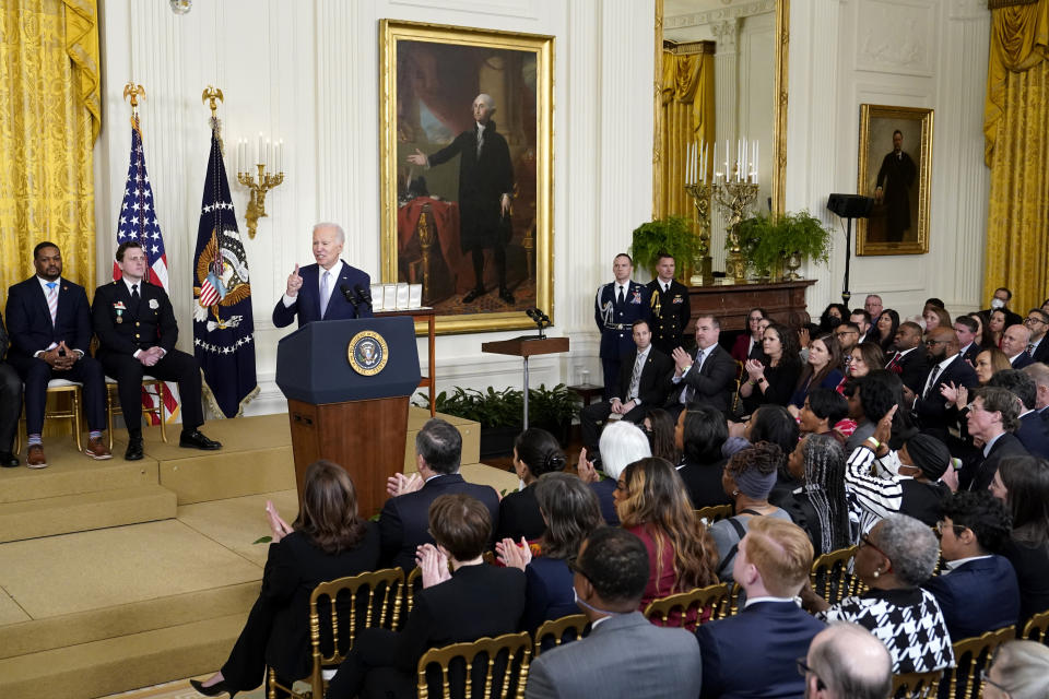 President Joe Biden speaks in the East Room of the White House in Washington, Friday, Jan. 6, 2023, during a ceremony to mark the second anniversary of the Jan. 6 assault on the Capitol and to award Presidential Citizens Medals to state and local officials, election workers and police officers for their "exemplary deeds of service for their country or their fellow citizens" in upholding the results of the 2020 election and fighting back the Capitol mob. (AP Photo/Patrick Semansky)