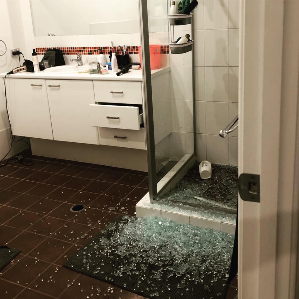 Shattered shower screen in Brisbane home that exploded spontaneously.