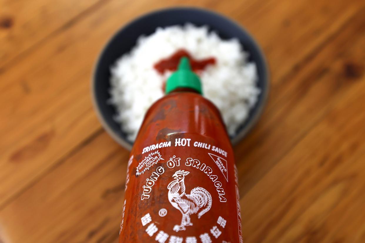 A bottle of Huy Fong Foods Sriracha sauce