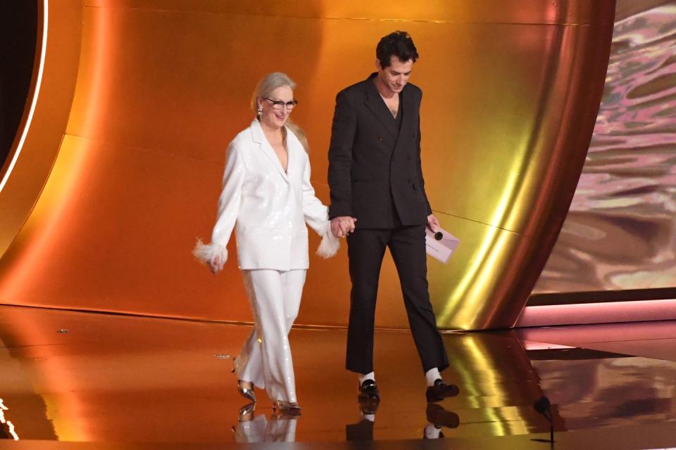 los angeles, california february 04 for editorial use only l r meryl streep and mark ronson speak onstage during the 66th grammy awards at cryptocom arena on february 04, 2024 in los angeles, california photo by jc oliverawireimage