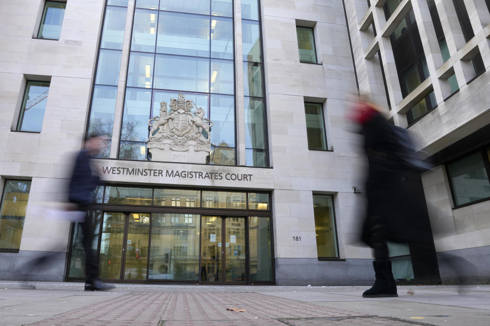 People pass by Westminster Magistrates' Court in London, Jan. 17, 2023. / Credit: AP Photo/Frank Augstein