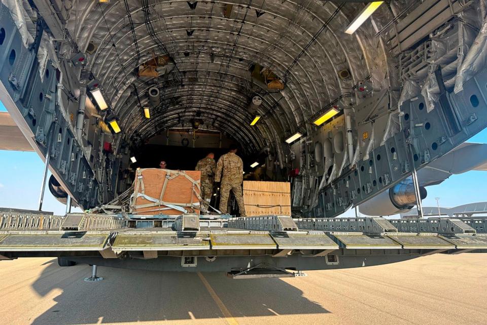 PHOTO: In this Oct. 13, 2023, file photo, a U.S. C-17 sits at the Nevatim Air Base in the desert in Israel. The aircraft arrived with crates of American munitions for Israel. (Lolita Baldor/AP, FILE)
