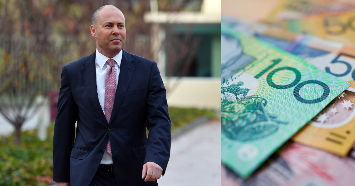 Treasurer Josh Frydenberg walking at Parliament House and Australian currency.