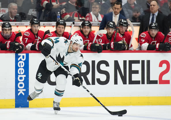 OTTAWA, ON - DECEMBER 14: San Jose Sharks Defenceman Marc-Edouard Vlasic (44) stickhandles the puck during the NHL game between the Ottawa Senators and the San Jose Sharks on December 14, 2016 at the Canadian Tires Centre in Ottawa, Ontario, Canada. (Photo by Steve Kingsman/Icon Sportswire via Getty Images)