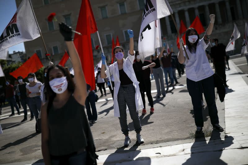 Rally commemorating May Day following the coronavirus disease (COVID-19) outbreak in Athens