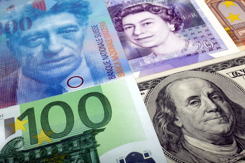 FILE PHOTO: A picture illustration of U.S. dollar Swiss Franc British pound and Euro bank notes