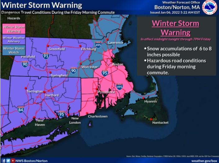 A look at the possible effects from a storm headed to southern New England on Friday, Jan. 7, 2022.
