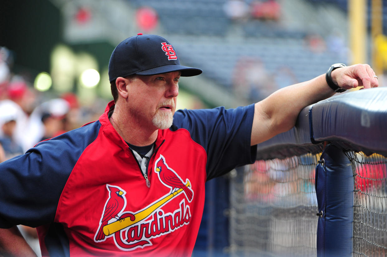 ATLANTA, GA - MAY 30: Hitting Coach Mark McGwire #25 of the St. Louis Cardinals watches the action against the Atlanta Braves at Turner Field on May 30, 2012 in Atlanta, Georgia. (Photo by Scott Cunningham/Getty Images)