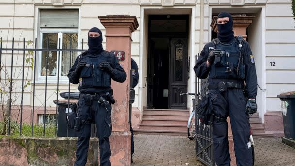 PHOTO: Police secures the area after 25 suspected members and supporters of a far-right terrorist group were detained during raids across Germany, in Frankfurt, Germany December 7, 2022.  (Tilman Blasshofer/Reuters)