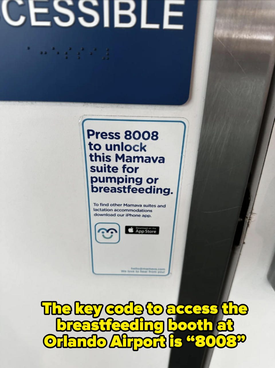 Sign directs users to press 8008 to unlock a Mamava suite for pumping or breastfeeding. It suggests downloading the Mamava app for more suite locations