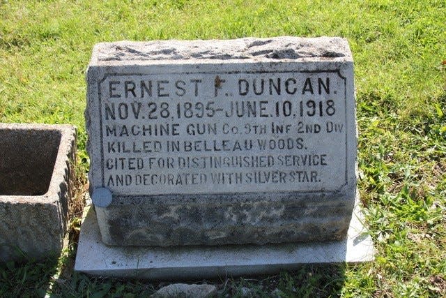 The grave of Sergeant Ernest F. Duncan at Ouse-Aisne American Cemetery.