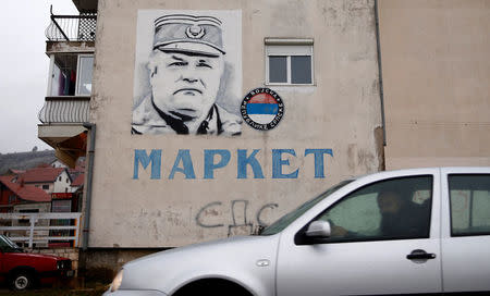 A mural of former Bosnian Serb general Ratko Mladic is seen on a building in Gacko, Bosnia and Herzegovina November 8, 2017. Picture taken November 8, 2017. REUTERS/Dado Ruvic