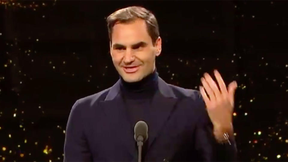 Roger Federer is seen here giving a speech at an awards night in Switzerland.