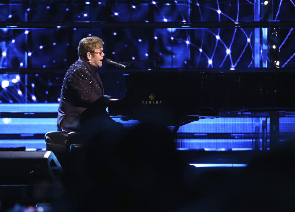 Elton John performs during the Rock & Roll Hall of Fame Induction Ceremony on Friday, Nov. 3, 2023, at Barclays Center in New York. (Photo by Andy Kropa/Invision/AP)