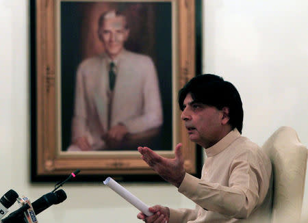 Pakistan's Interior Minister Chaudhry Nisar Ali Khan attends a news conference in Islamabad, Pakistan, May 24, 2016. A picture of Mohammad Ali Jinnah, founder and first governor-general of Pakistan, hangs on the wall. REUTERS/Faisal Mahmood