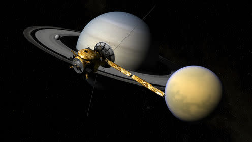 <span class="caption">Cassini in front of The Lord of the Rings.</span> <span class="attribution"><span class="source">NASA</span></span>