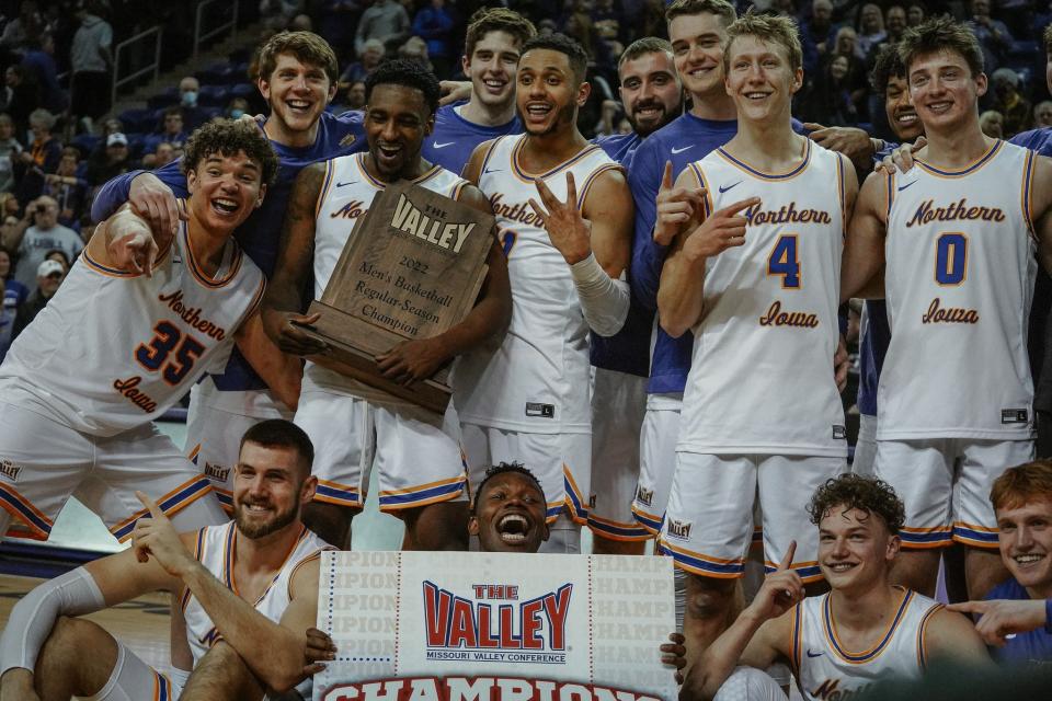 Northern Iowa celebrates winning the Missouri Valley Conference regular-season title after beating Loyola Saturday in Cedar Falls.