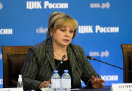 Ella Pamfilova, head of Russian Central Election Commission, gestures while speaking after the Parliamentary elections at the Russian Central Election commission in Moscow, Russia, Sunday, Sept. 19, 2021. Russia's Central Election Commission chief Ella Pamfilova confirmed at least eight incidents of ballot-stuffing in six Russian regions. In all, the commission has so far invalidated 7,465 ballots in 14 regions. (AP Photo/Pavel Golovkin)