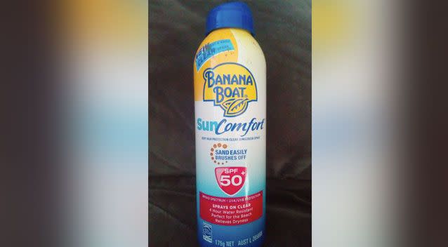 Ms Munroe said she used purchased Banana Boat's SPF50+ Sun Comfort clear spray on her children. Photo: Facebook/ Supplied/ Vanessa Munroe