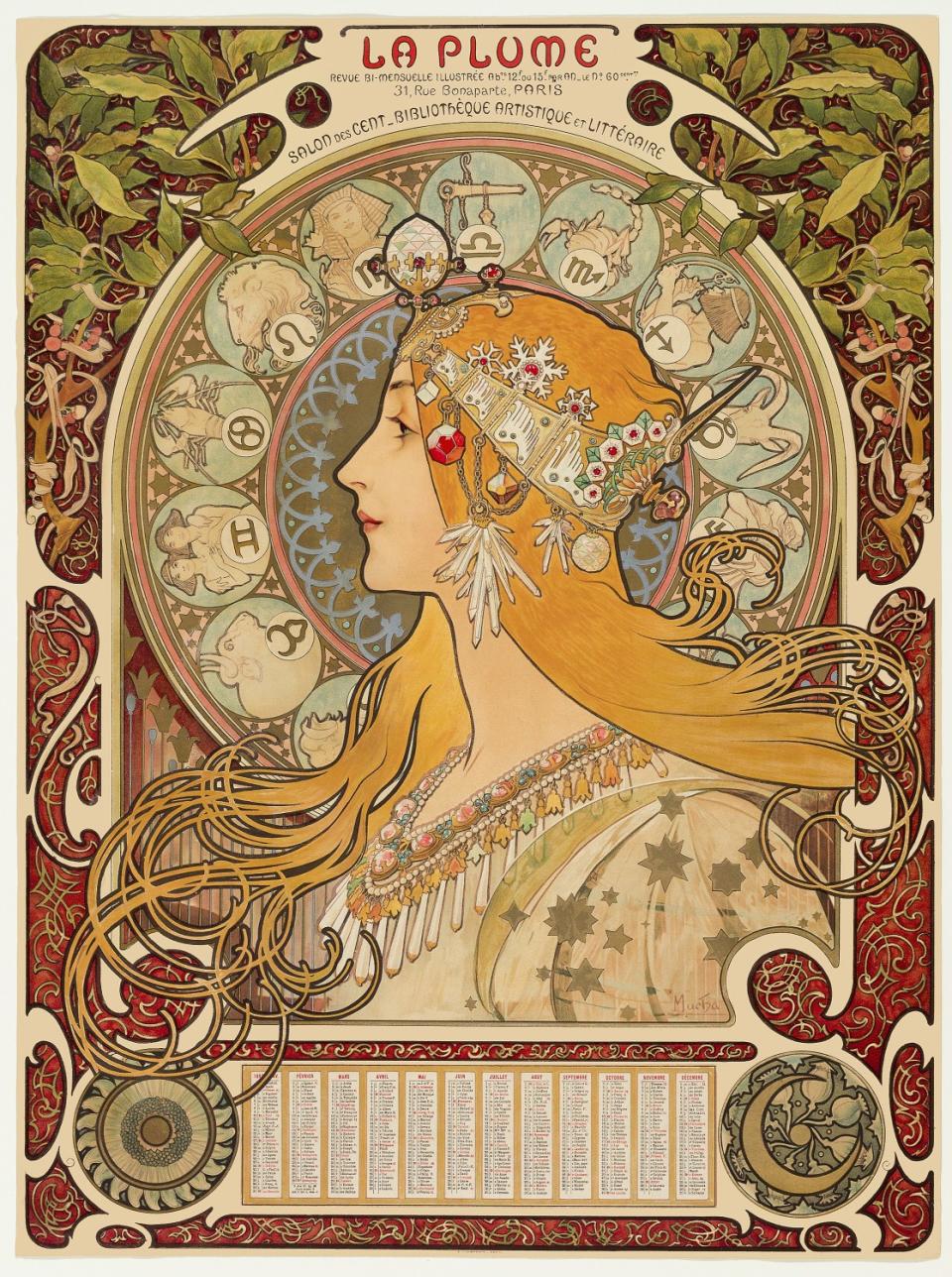 An Art Nouveau work of a woman's head in Alphonse Mucha's "Zodiac" calendar, 1896.