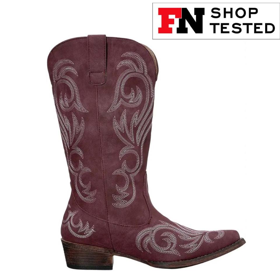maroon cowboy boot with brown heel and white stiching