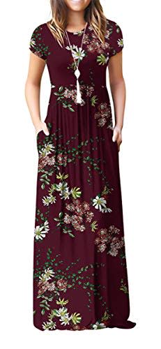 VIISHOW Women's Short Sleeve Floral Printed Dress Loose Plain Maxi Dresses Casual Long Dresses with Pockets(Floral Wine red X-Small) (Amazon / Amazon)