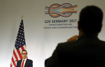 U.S. Treasury Secretary Steve Mnuchin addresses a news conference at the G20 Finance Ministers and Central Bank Governors Meeting in Baden-Baden, Germany, March 18, 2017. REUTERS/Kai Pfaffenbach