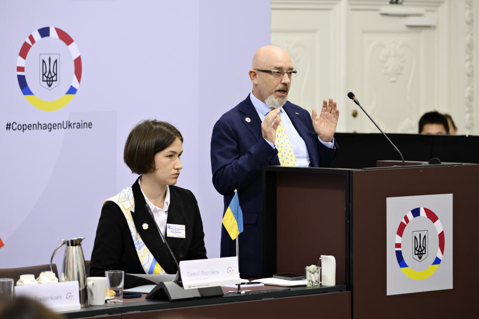 Ukrainian Defense Minister Oleksii Reznikov gives a speech during the donor conference for Ukraine at Christiansborg Palace in Copenhagen, Thursday, Aug. 11, 2022. The international donation conference will strengthen the long-term support for Ukraine with discussions on how financing, weapons production, training and demining can be strengthened going forward. (Philip Davali/Ritzau Scanpix via AP)