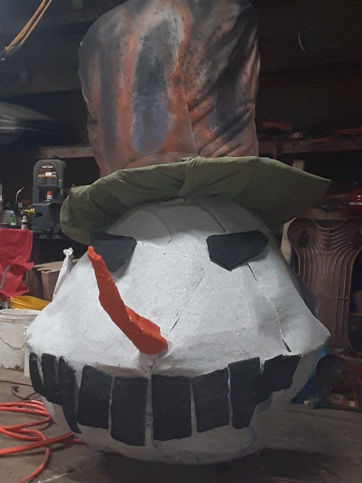 This is the head of "James," a past 30-foot-tall snowman which was burned at a Burning Snowman Festival in 2022. This year the snowman is slated to be 25-feet-tall.