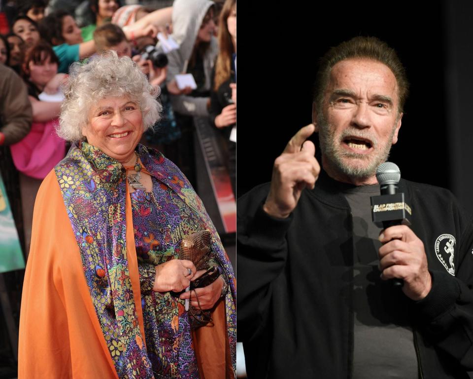 Miriam Margolyes, left, and Arnold Schwarzenegger co-starred in the apocalyptic horror film  “End of Days” in 1999.  During a podcast interview on July 18, 2022, Margolyes revealed Schwarzenegger was rude to her on set and that they had an unpleasant encounter while filming.