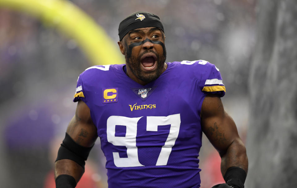 Everson Griffen reacts during the Vikings and Falcons game at U.S. Bank Stadium on September 8, 2019 in Minneapolis, Minnesota. (Photo by Hannah Foslien/Getty Images)